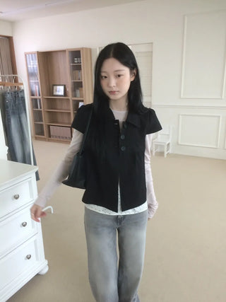 Cap Sleeve Short Sleeve Cutout Shirred Button Collar Jacket