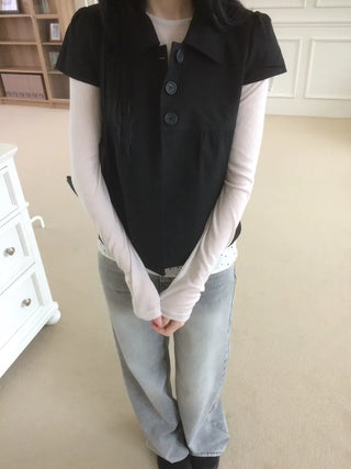 Cap Sleeve Short Sleeve Cutout Shirred Button Collar Jacket