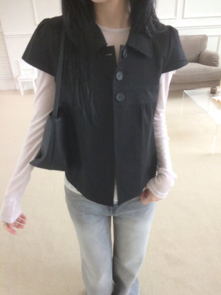 Cap Sleeve Short Sleeve Cutout Shirred Button Collar Jacket