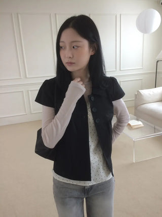 Cap Sleeve Short Sleeve Cutout Shirred Button Collar Jacket