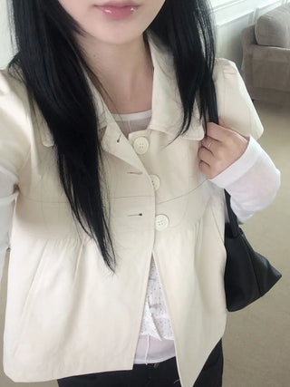 Cap Sleeve Short Sleeve Cutout Shirred Button Collar Jacket