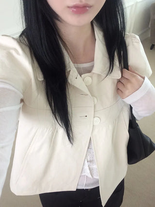 Cap Sleeve Short Sleeve Cutout Shirred Button Collar Jacket