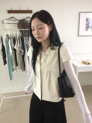 Cap Sleeve Short Sleeve Cutout Shirred Button Collar Jacket