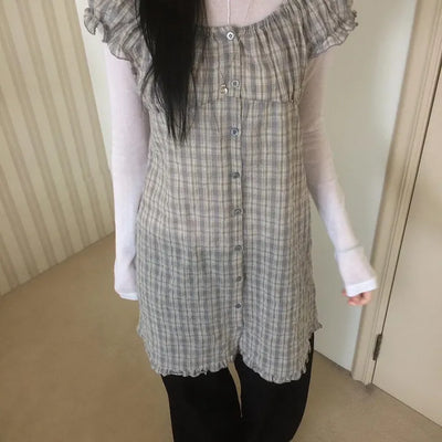 Vintage Check Puff Button Frill Short Sleeve Dress