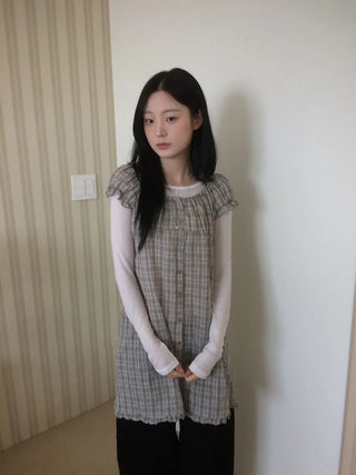 Vintage Check Puff Button Frill Short Sleeve Dress