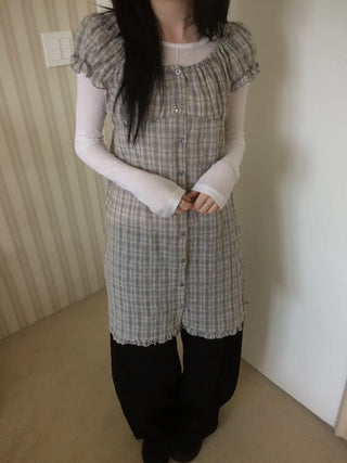 Vintage Check Puff Button Frill Short Sleeve Dress