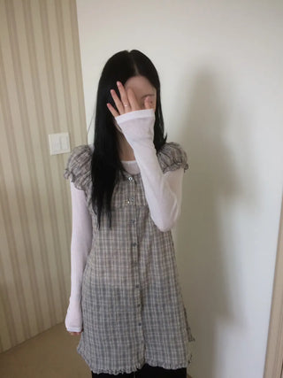 Vintage Check Puff Button Frill Short Sleeve Dress