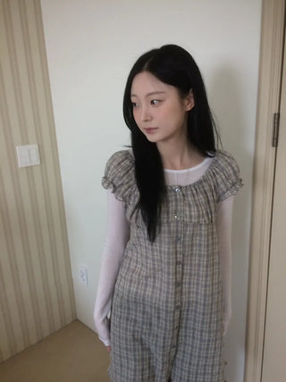 Vintage Check Puff Button Frill Short Sleeve Dress