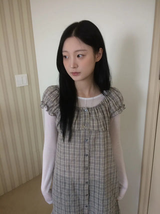 Vintage Check Puff Button Frill Short Sleeve Dress