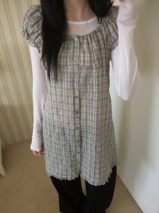 Vintage Check Puff Button Frill Short Sleeve Dress