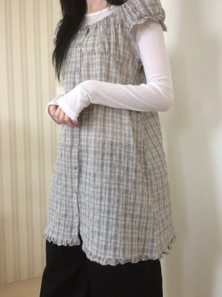 Vintage Check Puff Button Frill Short Sleeve Dress