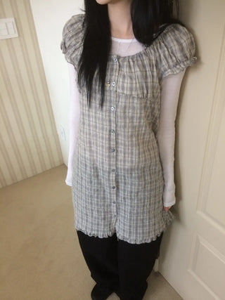 Vintage Check Puff Button Frill Short Sleeve Dress