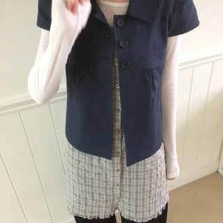 Vintage Check Puff Button Frill Short Sleeve Dress
