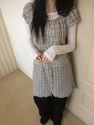 Vintage Check Puff Button Frill Short Sleeve Dress
