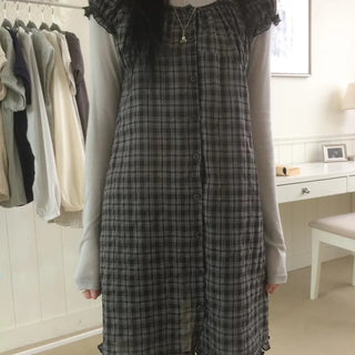 Vintage Check Puff Button Frill Short Sleeve Dress