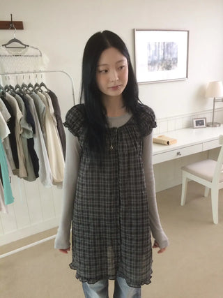 Vintage Check Puff Button Frill Short Sleeve Dress