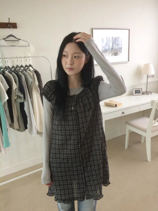 Vintage Check Puff Button Frill Short Sleeve Dress