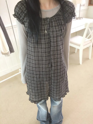 Vintage Check Puff Button Frill Short Sleeve Dress