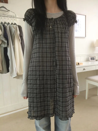Vintage Check Puff Button Frill Short Sleeve Dress
