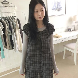 Vintage Check Puff Button Frill Short Sleeve Dress