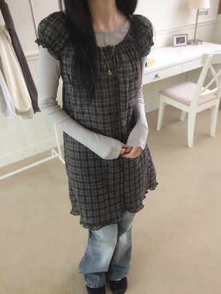 Vintage Check Puff Button Frill Short Sleeve Dress