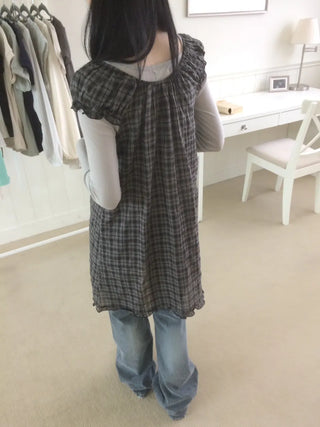 Vintage Check Puff Button Frill Short Sleeve Dress