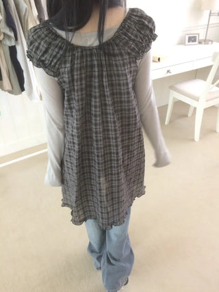 Vintage Check Puff Button Frill Short Sleeve Dress