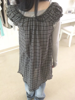 Vintage Check Puff Button Frill Short Sleeve Dress
