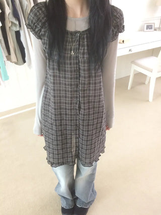 Vintage Check Puff Button Frill Short Sleeve Dress