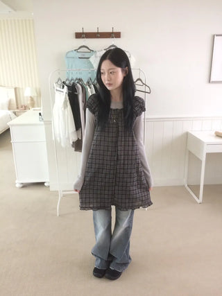 Vintage Check Puff Button Frill Short Sleeve Dress