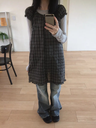 Vintage Check Puff Button Frill Short Sleeve Dress