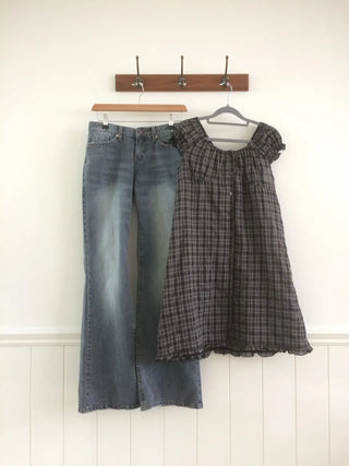 Vintage Check Puff Button Frill Short Sleeve Dress