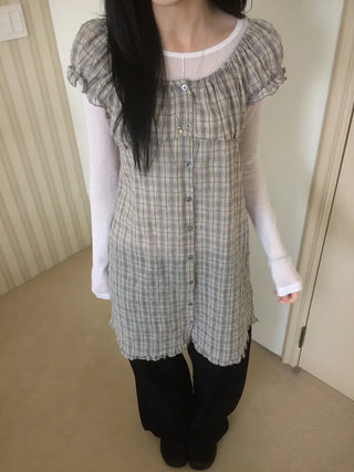 Vintage Check Puff Button Frill Short Sleeve Dress