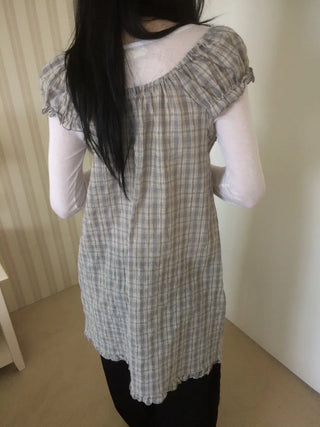 Vintage Check Puff Button Frill Short Sleeve Dress