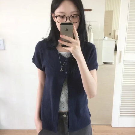 Open Button Cutout Layered Short Sleeve Cardigan
