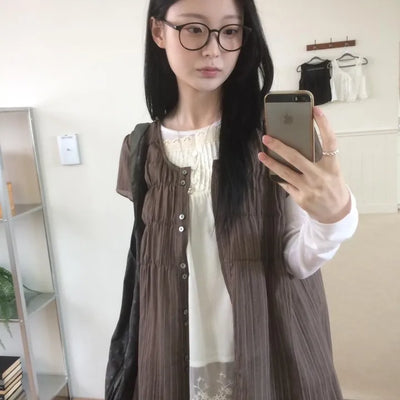 Button Stripe Long Layered Short Sleeve Shirt