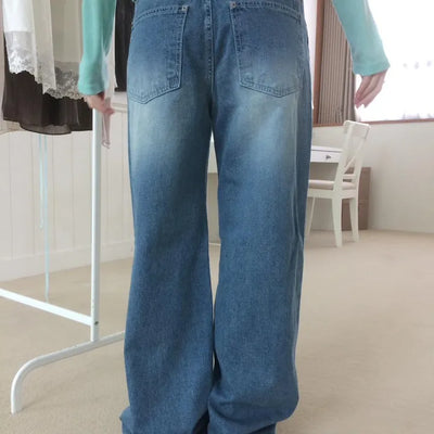Light medium blue straight wide washed denim