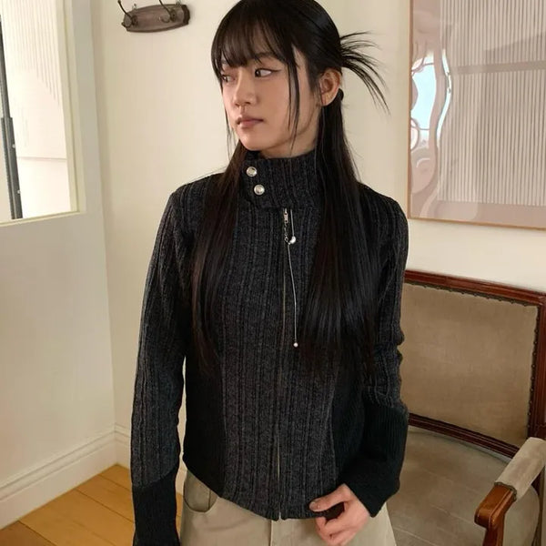 Side Contrast Ribbed High-Neck Vintage Zip-Up