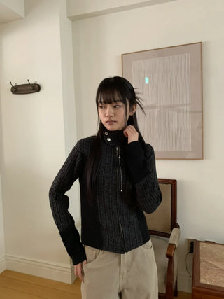 Side Contrast Ribbed High-Neck Vintage Zip-Up