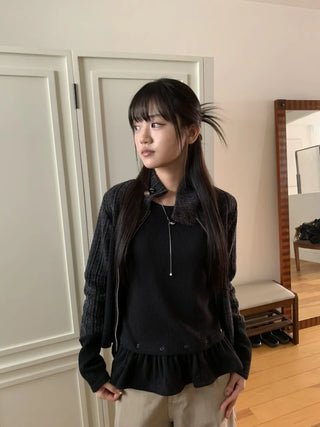 Side Contrast Ribbed High-Neck Vintage Zip-Up
