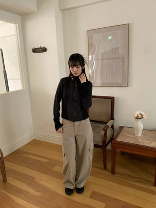 Side Contrast Ribbed High-Neck Vintage Zip-Up