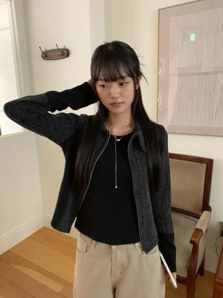 Side Contrast Ribbed High-Neck Vintage Zip-Up