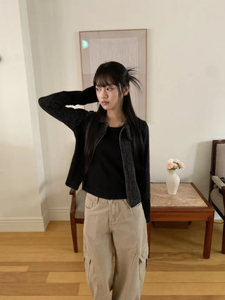 Side Contrast Ribbed High-Neck Vintage Zip-Up