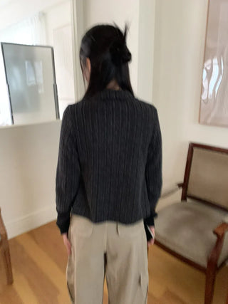 Side Contrast Ribbed High-Neck Vintage Zip-Up