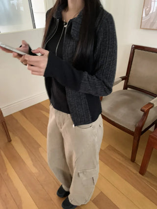 Side Contrast Ribbed High-Neck Vintage Zip-Up