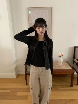 Side Contrast Ribbed High-Neck Vintage Zip-Up