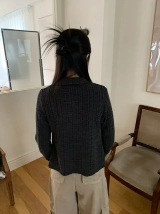 Side Contrast Ribbed High-Neck Vintage Zip-Up