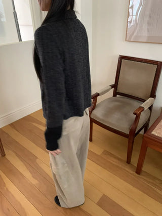 Side Contrast Ribbed High-Neck Vintage Zip-Up