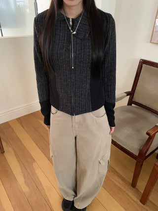 Side Contrast Ribbed High-Neck Vintage Zip-Up