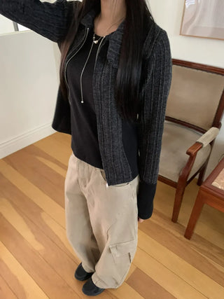 Side Contrast Ribbed High-Neck Vintage Zip-Up